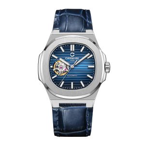 Đồng hồ nam chính hãng Carnival 8128 8128G mặt trơn vỏ trắng dây da máy cơ mặt kính sapphire