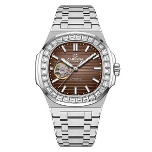 Đồng hồ nam chính hãng Carnival 8128 8128G vỏ trắng dây da máy cơ mặt kính sapphire size 40mm