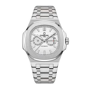 Đồng hồ nam chính hãng Carnival 8158 8158G vỏ trắng dây thép máy cơ mặt kính sapphire nguyên khối