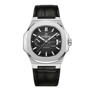 Đồng hồ nam chính hãng Carnival 8158 8158G vỏ trắng dây da máy cơ mặt kính sapphire nguyên khối