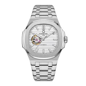 Đồng hồ nam chính hãng Carnival 8128 8128G vỏ trắng mặt trơn dây thép máy cơ mặt kính sapphire