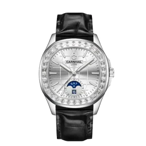 Đồng hồ nam chính hãng Carnival 8113 8113G Aquanaut vỏ trắng đính đá dây da máy cơ size 41mm