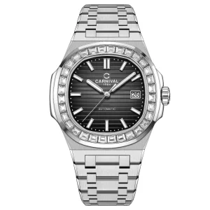 Đồng hồ nam chính hãng Carnival 8108 8108G vỏ trắng dây thép máy cơ mặt kính sapphire nguyên khối