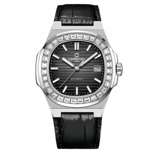 Đồng hồ nam chính hãng Carnival 8108 8108G vỏ trắng dây da mặt kính sapphire nguyên khối size 41mm