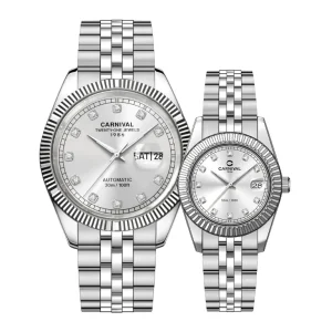 Đồng hồ đôi nam nữ chính hãng Carnival 8131 8131L 8131 8131G dây thép trắng máy cơ mặt kính sapphire