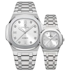 Đồng hồ đôi nam nữ chính hãng Carnival 8160 8160L 8160 8160G dây thép trắng máy cơ mặt kính sapphire
