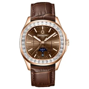 Đồng hồ nam chính hãng Carnival 8113 8113G Aquanaut vỏ vàng đính đá dây da máy cơ size 41mm