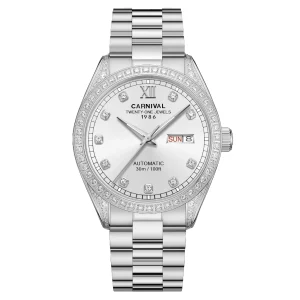 Đồng hồ nam chính hãng Carnival 8907 8907G vỏ trắng dây thép mặt kính sapphire nguyên khối size 41mm
