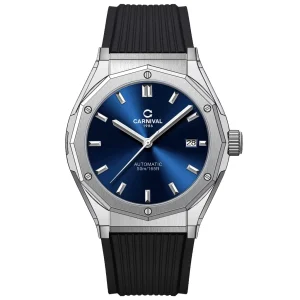 Đồng hồ nam chính hãng Carnival 8168 8168G vỏ trắng dây cao su máy cơ mặt kính sapphire size 42mm